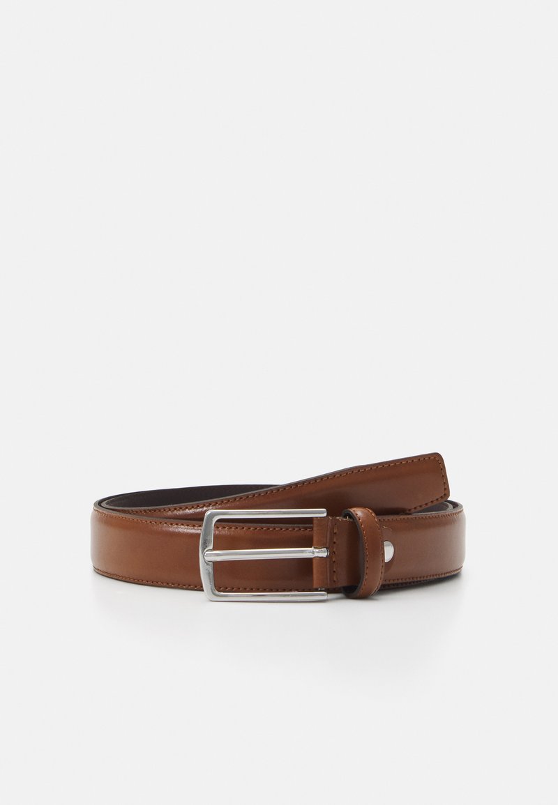 Brown leather belt with a shiny silver rectangular buckle, smooth texture, and contrasting stitching along the edges.