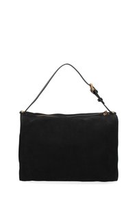 Borsa a tracolla in suede nero con forma rettangolare, dotata di chiusura con zip superiore e una sottile tracolla in pelle regolabile. Accenti in hardware dorato.