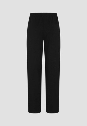 Black elastic waistband pants with a straight cut. Made from soft fabric, featuring a simple design and no visible patterns or accents.