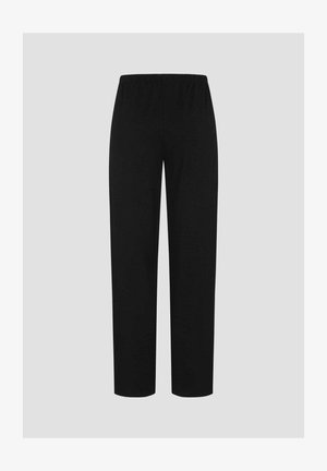 Black elastic waistband pants with a straight cut. Made from soft fabric, featuring a simple design and no visible patterns or accents.