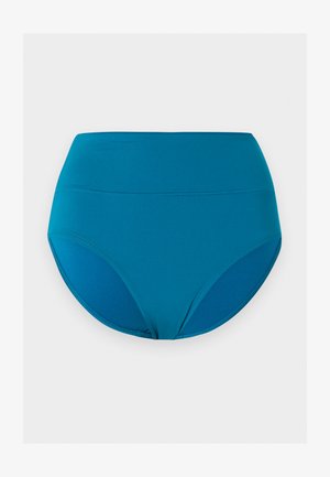 Chiloti de bikini pentru femei, turcoaz, cu talie înaltă, material neted și margini fără cusături pe un fundal alb simplu.