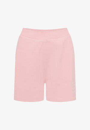 Różowe bawełniane szorty z szerokim elastycznym pasem. Posiadają subtelny nadruk na końcu, gładką fakturę oraz luźny krój.