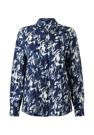Langärmeliges Hemd mit Knopfleiste, marineblau-weißem abstraktem Pinselstrichmuster und klassischem Kragen.