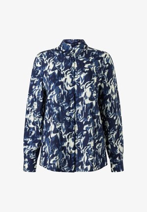 Overhemd met lange mouwen en knopen, met een abstract penseelstreekpatroon in marineblauw en wit, en een klassieke kraag.