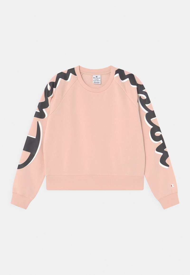 Felpa rosa con scollo rotondo e maniche raglan. Presenta dettagli grafici in bianco e nero sulle maniche e sul petto. Tessuto morbido.