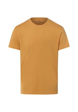 Plain short-sleeve mustard yellow crew neck t-shirt with no visible patterns or logos on a white background.