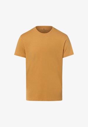 Schlichtes kurzärmeliges senfgelbes T-Shirt mit Rundhalsausschnitt ohne sichtbare Muster oder Logos auf weißem Hintergrund.