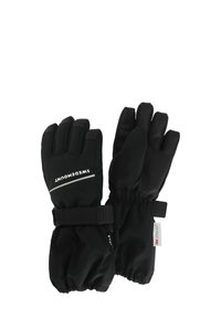 Schwarze wasserdichte Handschuhe mit strukturiertem Griff, elastischen Bündchen und verstellbaren Klettverschlüssen. Mit einem weißen Logo im oberen Bereich.