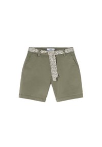 Shorts vert olive avec une ceinture imprimée en crème et noir. Comprend deux poches avant et un ourlet soigné. Matériau en coton, conception légère.