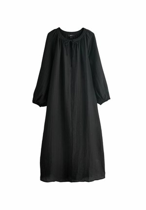 Langes schwarzes Kleid mit Rundhalsausschnitt und einer Schleife. Verfügt über lange, ballonförmige Ärmel und einen lockeren Schnitt. Hergestellt aus strukturiertem Stoff mit einem fließenden Design.