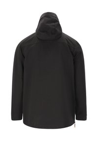 Veste à capuche noire avec des manches longues, une coupe droite et une texture de tissu lisse. Dispose d'une fermeture éclair à l'ourlet pour un ajustement réglable.