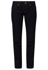 Jeans de lavado oscuro, corte ajustado, con pierna recta, fabricados en denim, con herrajes de cobre, diseño clásico de cinco bolsillos y detalles de costura sutiles.