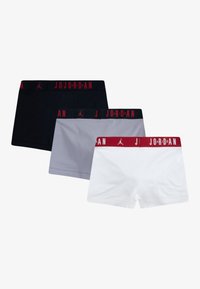 Three pairs of men's boxers in black, grey, and white, featuring elastic waistbands with red "JORDAN" text and logo accents.
