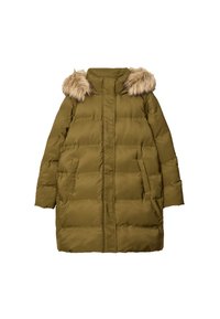 Oliwkowa kurtka puchowa z teksturowanym, sztucznym futrem na kapturze, z zamek błyskawicznym z przodu i dwoma bocznymi kieszeniami, zaprojektowana z myślą o ciepłe i komforcie.