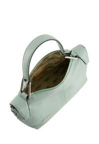 Mintgroene leren handtas met een ronde vorm, bovenhandvat en ritssluiting. Binnenkant heeft een gevoerde stof met een gedrukte merklogo.