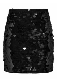 Mini falda negra con lentejuelas, de diseño ajustado, con una textura suave y lentejuelas circulares reflectantes que cubren toda su superficie.