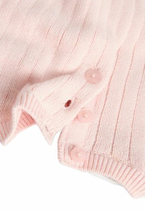 Helles rosa, geripptes Sweater mit drei Knopfverschlüssen, strukturiertem Stoff und gestricktem Finish.