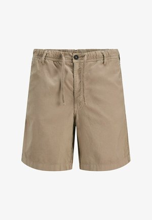 Khaki színű pamut rövidnadrág rugalmas derékkal, zsinórral, gombos záródással és oldalsó zsebekkel. Egyenes szabás minimalista varrási részletekkel.