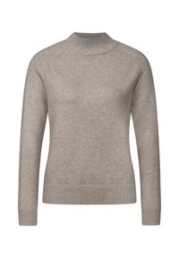 Lichtbeige gebreide trui met een hoge kraag, geribbelde manchetten en onderrand, met een gladde textuur en een aansluitend ontwerp.