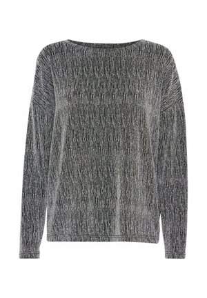 Maglione a maniche lunghe nero e argento con texture, colletto ampio e design a coste, caratterizzato da una vestibilità morbida e un taglio dritto.