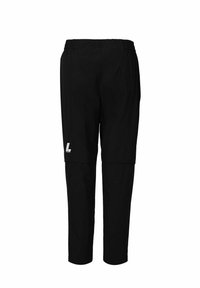 Pantalons de sport noirs avec une taille élastique, des jambes fuselées et un détail de logo sur le bas de la jambe. Fabriqués en tissu léger avec une texture lisse.