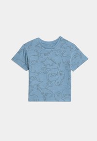 Camiseta de manga corta azul claro con un patrón de dinosaurios repetido en azul más oscuro. Textura suave con cuello redondo y broches en los hombros.
