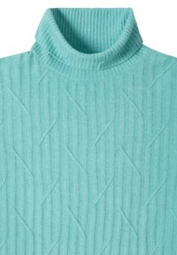 Un pull à col roulé vert menthe en tissu côtelé, avec un motif texturé comportant des lignes verticales et des accents diagonaux.