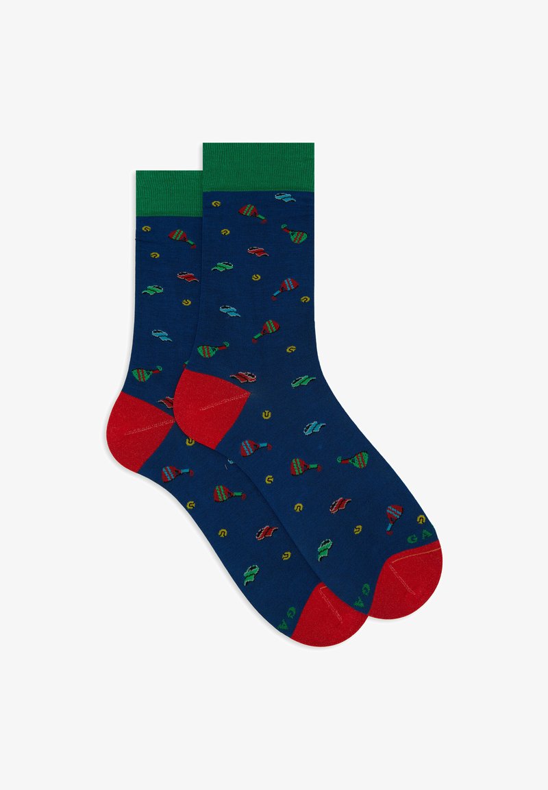Cotton blend socks featuring a navy background with colorful fish patterns, green ribbed cuffs, and red heels and toes.