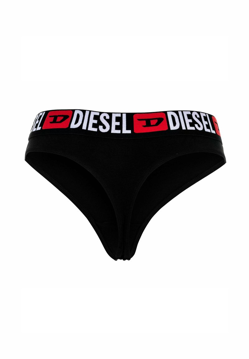 Svart trosa för kvinnor med en elastisk midja som har "DIESEL"-logotypen i vitt och rött. Slät tyg och elegant design.
