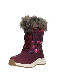 Bordeaux sneeuwlaars met een bovenkant met een sterrenstelselpatroon, nepbont-afwerking, elastisch vetersysteem en witte zool. Getextureerd materiaal en gevoerde enkelsteun.
