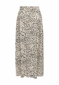 Gonna midi beige con pois neri irregolari e vita elasticizzata, tessuto fluido, orlo dritto.