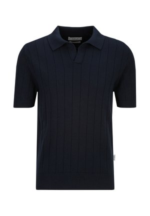 Marineblauw kort mouwen gebreide polo met geribbelde verticale strepen, open kraag en fijne ribbels aan mouwen en zoom.