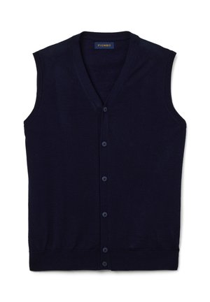 Navy blue sleeveless cardigan made of soft fabric, featuring a V-neck, button front closure, and ribbed hem and arm openings.