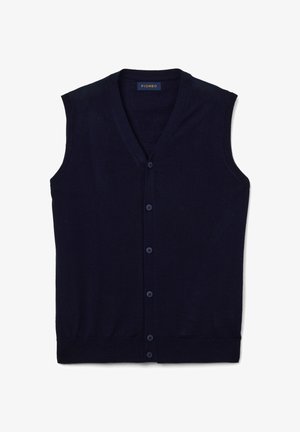 Navyblaues ärmelloses Strickjacke aus weichem Stoff mit V-Ausschnitt, Knopfleiste vorne sowie geripptem Saum und Ärmelöffnungen.