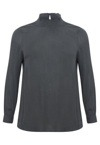 Blusa a maniche lunghe grigio scuro con colletto alto e dettagli arricciati, caratterizzata da un'apertura a chiave sulla schiena e una trama di tessuto liscia.