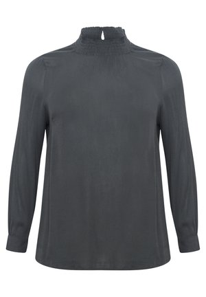 Bluză lungă cu mâneci lungi de culoare gri închis, cu un gât înalt de tip mock și detalii pliate, având o deschidere în forma de cheie la spate și o textură de țesătură netedă.
