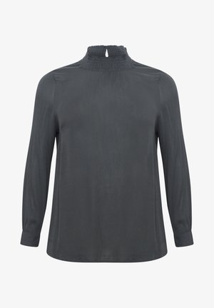 Blusa a maniche lunghe grigio scuro con colletto alto e dettagli arricciati, caratterizzata da un'apertura a chiave sulla schiena e una trama di tessuto liscia.