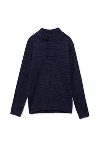 Suéter de punto azul marino con cuello alto, cierre de tres botones, tela texturizada y puños y dobladillo acanalados. Diseño de corte regular.