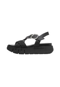 Black leather sandals with a chunky rubber sole, cross straps, and a silver buckle detail, featuring a textured finish and sturdy design.
