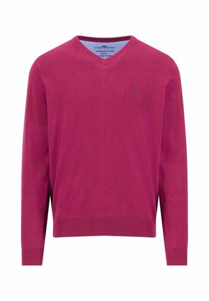 Men's long-sleeve, deep pink V-neck sweater with ribbed cuffs and hem, featuring a small embroidered logo on the chest.