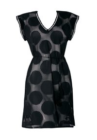 Czarna siatkowa sukienka z dekoltem w serek, rękawami typu cap oraz cinchowaną talią z regulowanym sznurkiem. Duże okrągłe wzory na całej powierzchni.