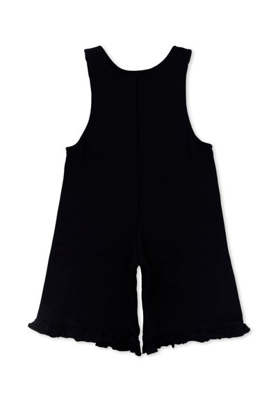 Combinaison sans manches noire avec un col rond, des jambes courtes à bords froncés et un design simple sans motifs ni accessoires supplémentaires.