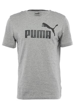 T-shirt gris à manches courtes avec logo Puma noir et motif de puma bondissant centré sur la poitrine.
