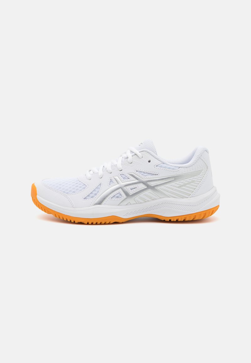 White athletic shoe made of mesh and synthetic materials. Features an orange rubber sole with a textured pattern for grip.