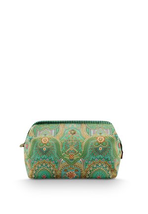 Green fabric pouch featuring intricate golden and floral patterns, rounded shape, with a zippered closure and textured surface.