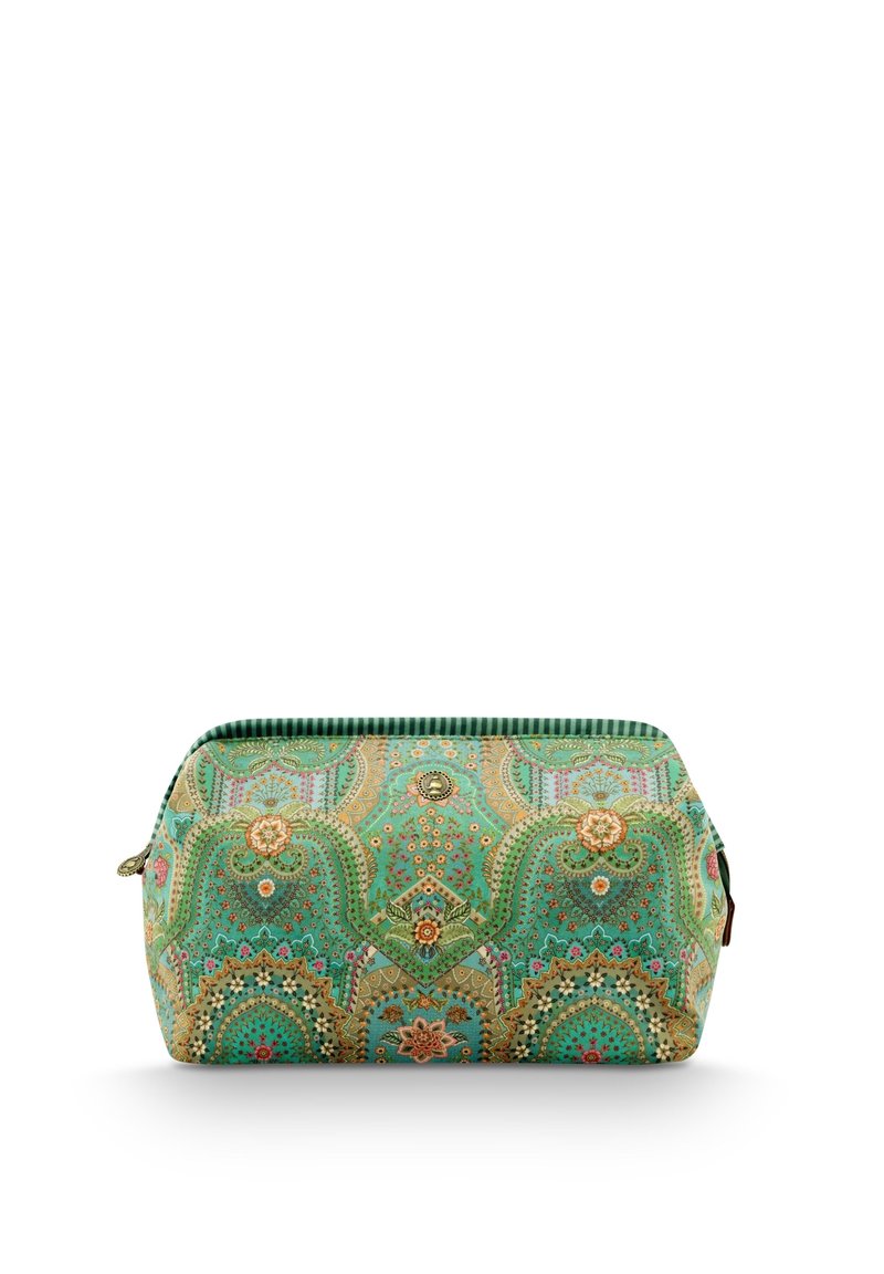Green fabric pouch featuring intricate golden and floral patterns, rounded shape, with a zippered closure and textured surface.