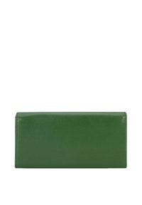 Portafoglio in pelle verde con un design rettangolare elegante, texture liscia e dettagli di cucitura minimi. Vista frontale, senza hardware visibile.
