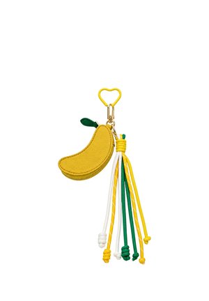 Yellow banana-shaped pouch keychain with green leaf and attached green, yellow, and white tassels hanging from a yellow heart-shaped clip.