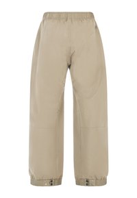 Beige, lichte, loszittende broeken met een elastische tailleband, taps toelopende boorden en zijzakken; gladde textuur en minimaal ontwerp.