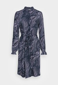 Pitkähihaista viimeistelytty mekko tummansinisellä ja valkoisella marmoroidulla kuviolla, jossa on vyötärölle solmittava nauha, rypytetty hihansuu ja mandariinikaulus. Sujuva kankaan tekstuuri.